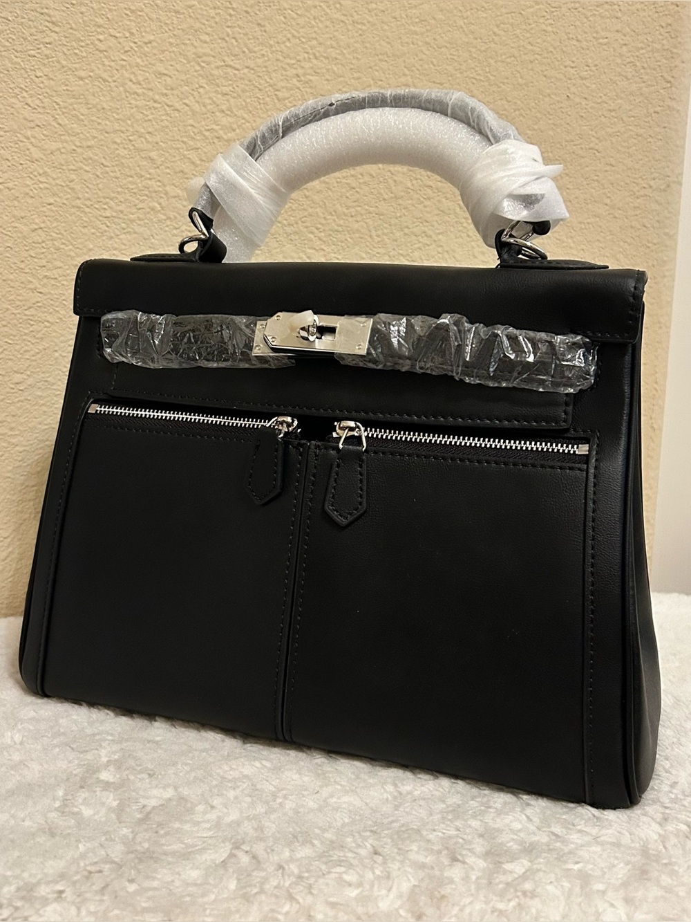 28cm Black Top Handle Double Front Pocket Leather Satchel